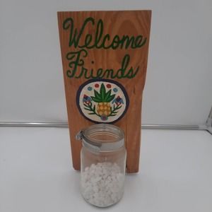 Hand painted Welcome Friends Wooden Plank Planter with Mason jar